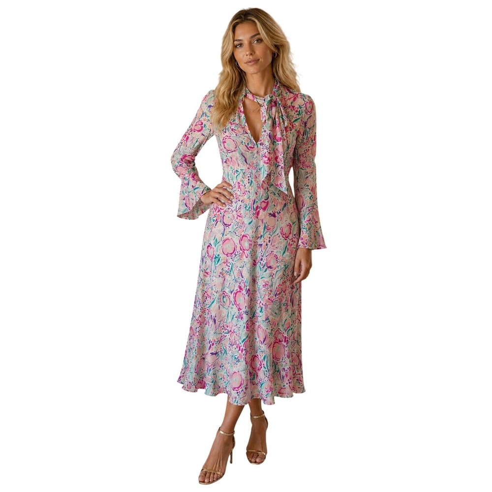 RIXO Amel Pink Teal Floral Silk Blend Kitten Bow Midi‎ Dress Long Bell Sleeve XS